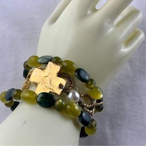 TRIO STACK GOLD TONE GREEN YELLOW BRACELETS JESUS CROSS CHRISTIAN FAITH HANDMADE